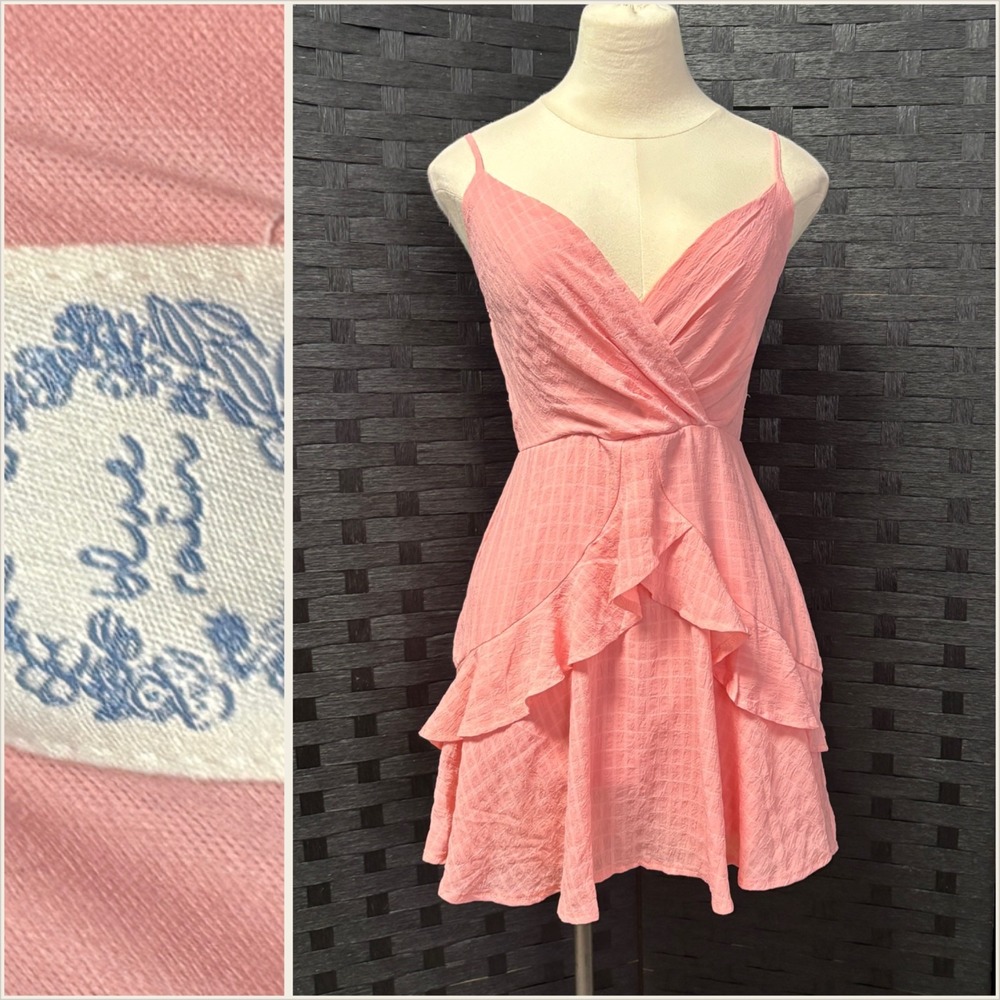 Blue Rain Pale Pink Texture Ruffle Mini Dress Adjustable Strap sz‎ XS